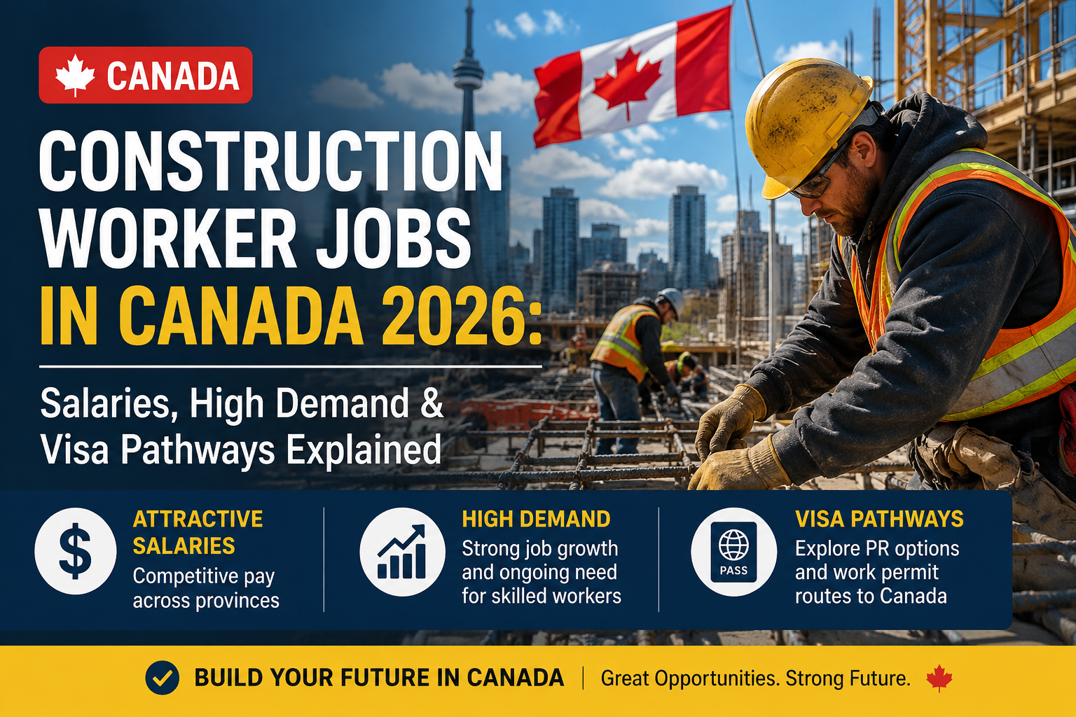 Construction workers at a building site in Canada showing construction worker jobs in Canada 2026, salaries, high demand, and visa pathways for foreign workers.