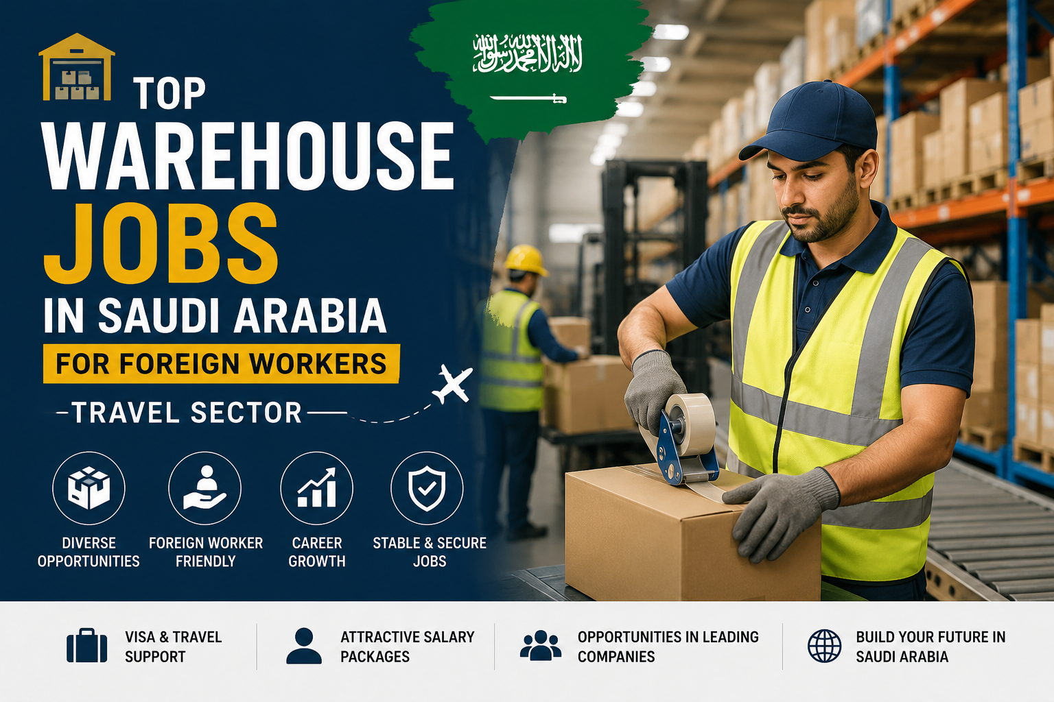 Warehouse workers in Saudi Arabia handling logistics operations, highlighting job opportunities for foreign workers in warehousing and supply chain roles.