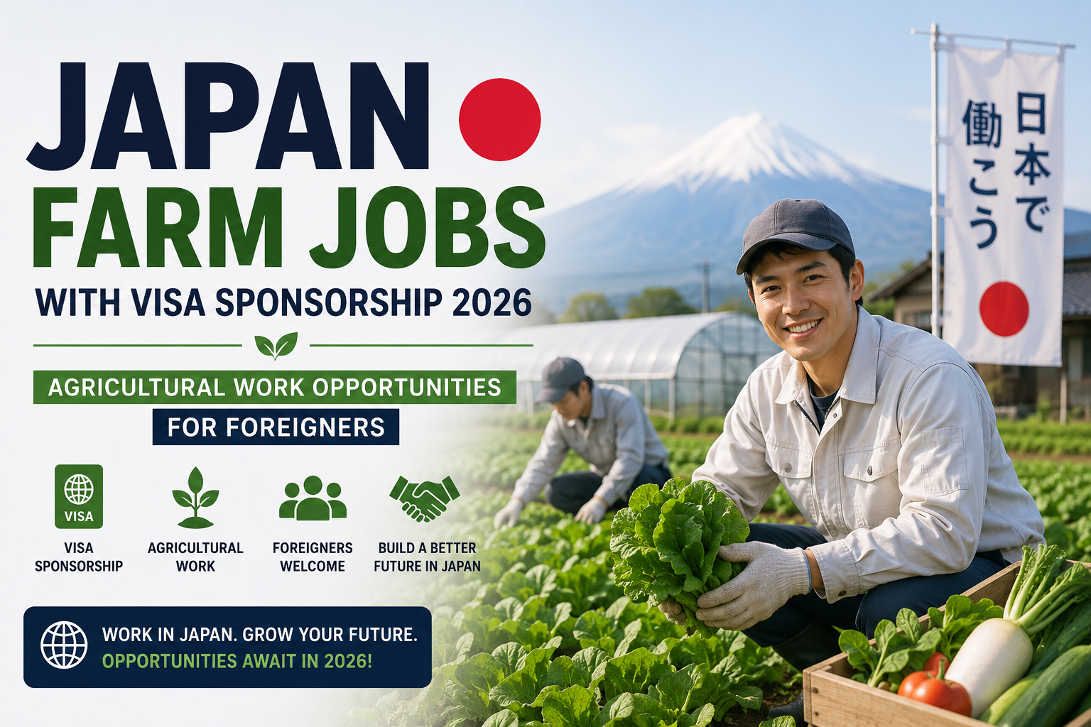 Promotional banner showing Japan farm jobs with visa sponsorship in 2026, featuring agricultural workers in a green farm field with Mount Fuji in the background and job opportunity highlights for foreigners.