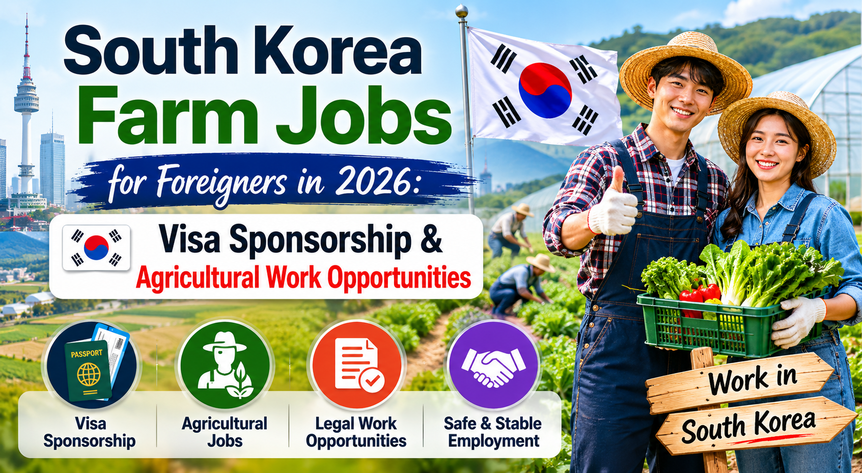 A professional banner showing South Korea farm jobs for foreigners in 2026, featuring a smiling agricultural worker holding fresh vegetables in a farm field with visa sponsorship and job opportunity highlights.