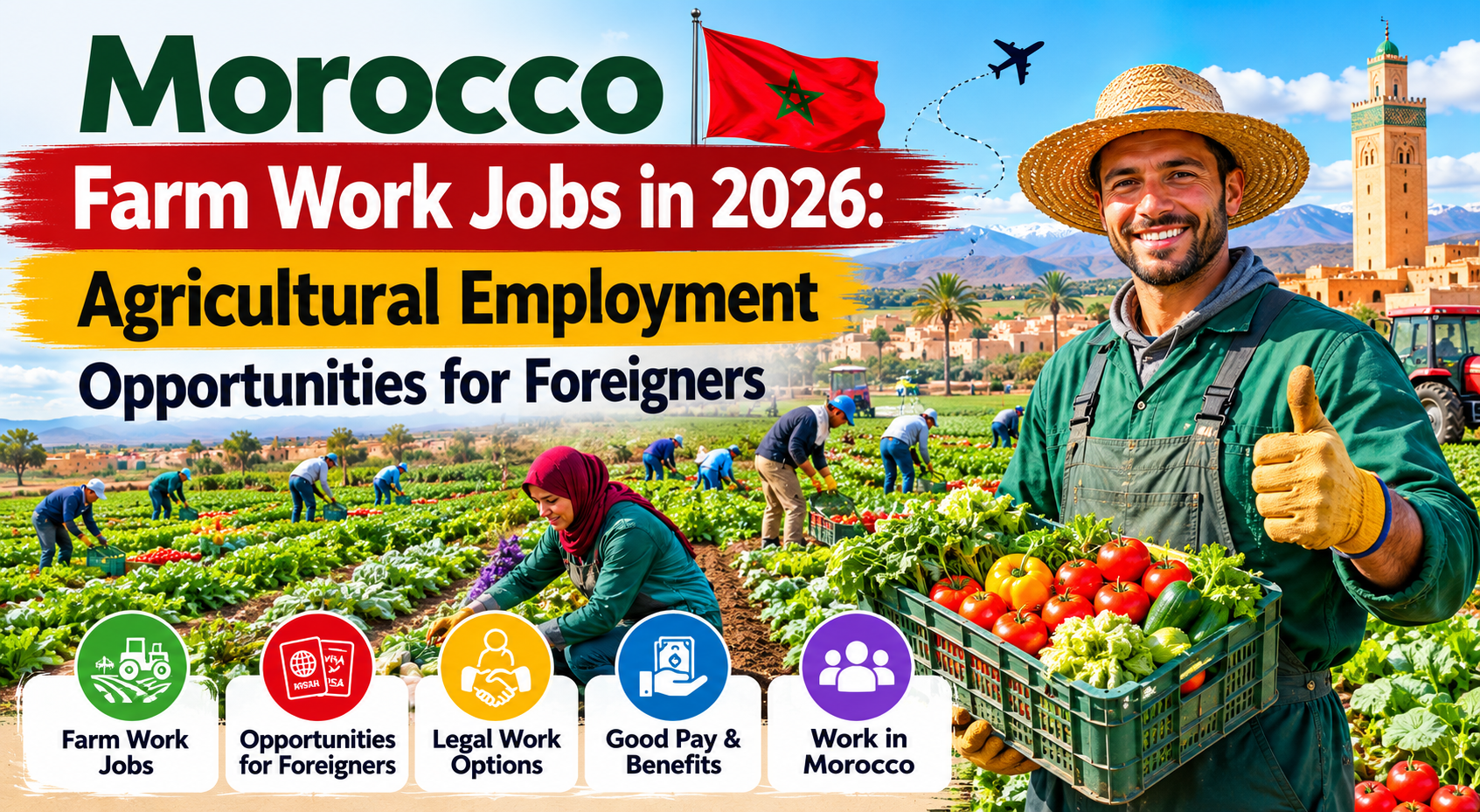 Promotional banner showing farm workers harvesting crops in Morocco with a farmer holding fresh produce, highlighting agricultural job opportunities in 2026 for foreigners.