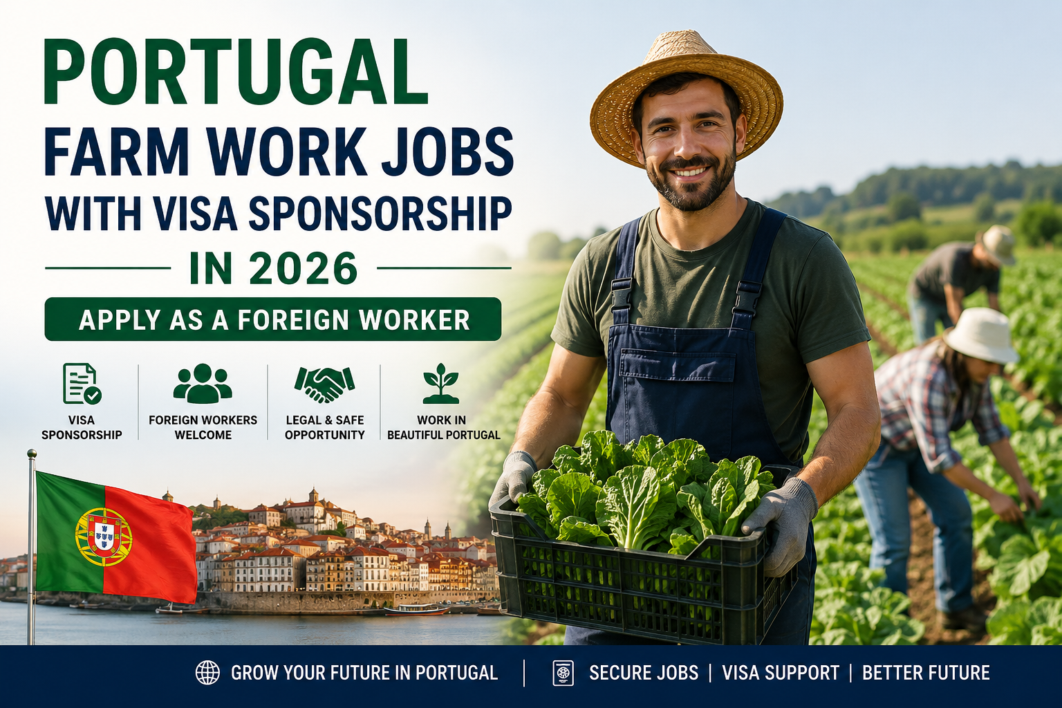 Portugal Farm Work Jobs With Visa Sponsorship – Portugal Farm Work Jobs showing agricultural workers harvesting crops in a Portuguese farm field
