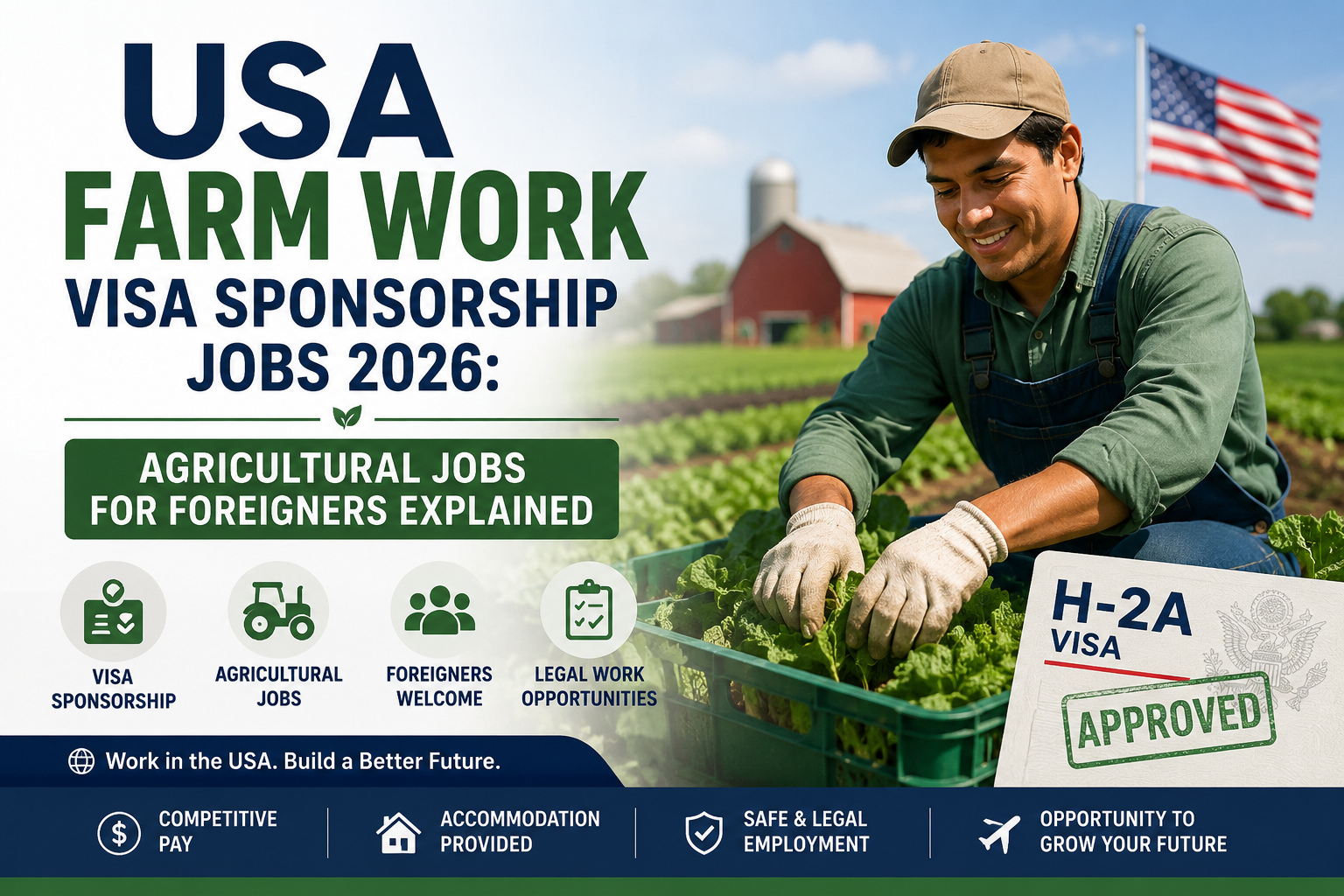 USA Farm Work visa sponsorship jobs in 2026 showing foreign agricultural workers harvesting crops on an American farm.