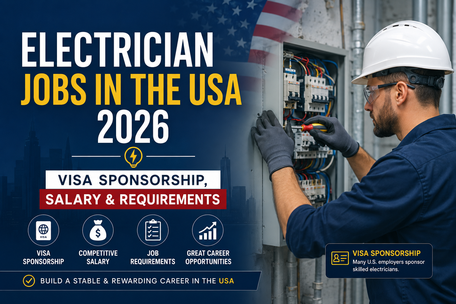 Electrician jobs in USA: professional infographic of an electrician working on an electrical panel, highlighting 2026 roles, visa sponsorship opportunities, salary expectations, and job requirements.