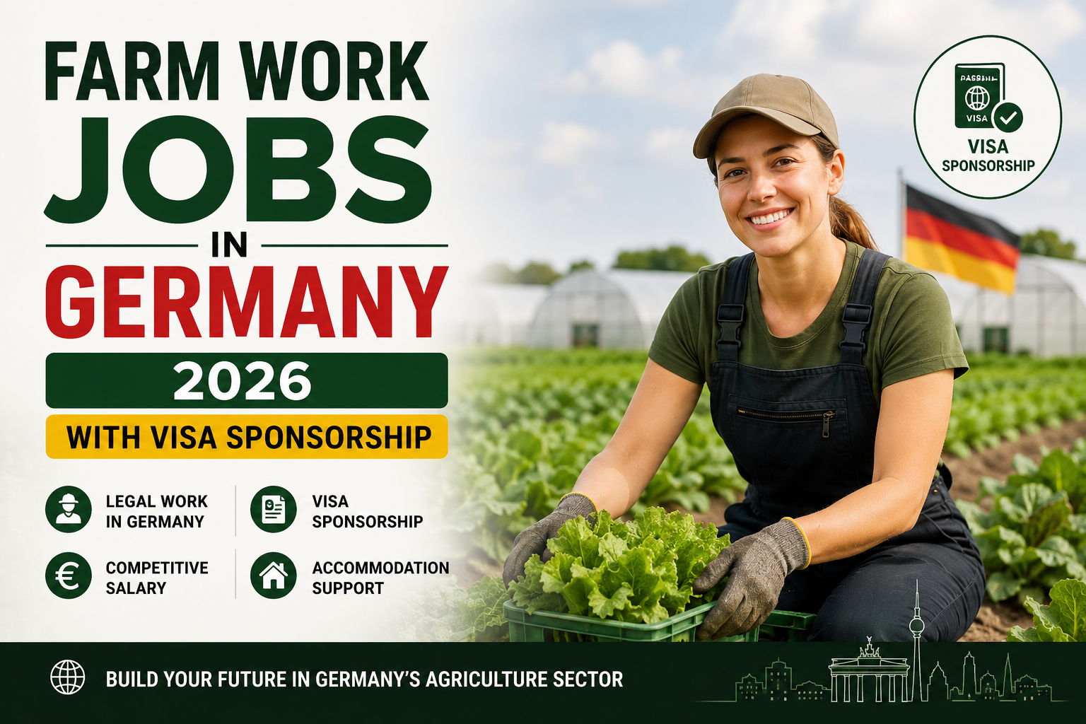 Farm worker harvesting fresh vegetables on a German farm, promoting farm work jobs in Germany 2026 with visa sponsorship, accommodation support and competitive salaries.