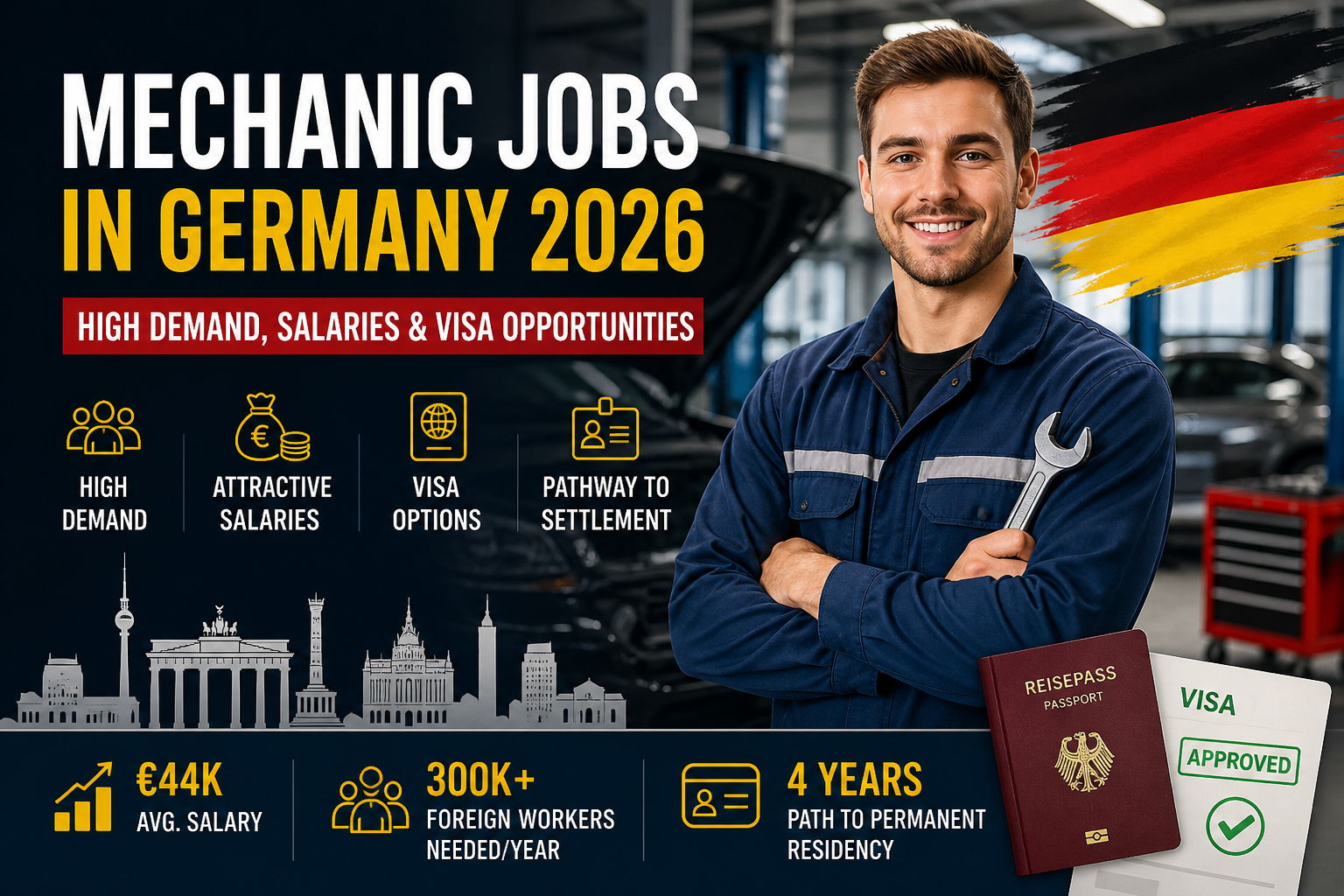 Mechanic working on a modern car engine in a German auto workshop representing high demand mechanic jobs in Germany 2026