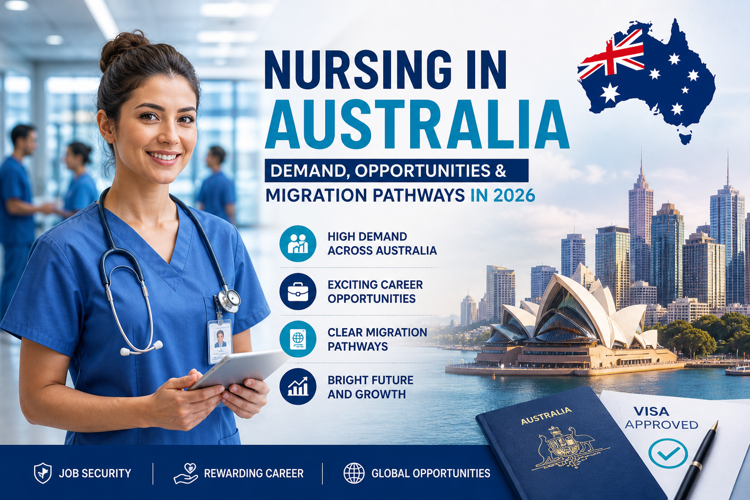 Nurse in Australia hospital holding tablet with city skyline, representing nursing jobs demand, career opportunities, and migration pathways in Australia 2026
