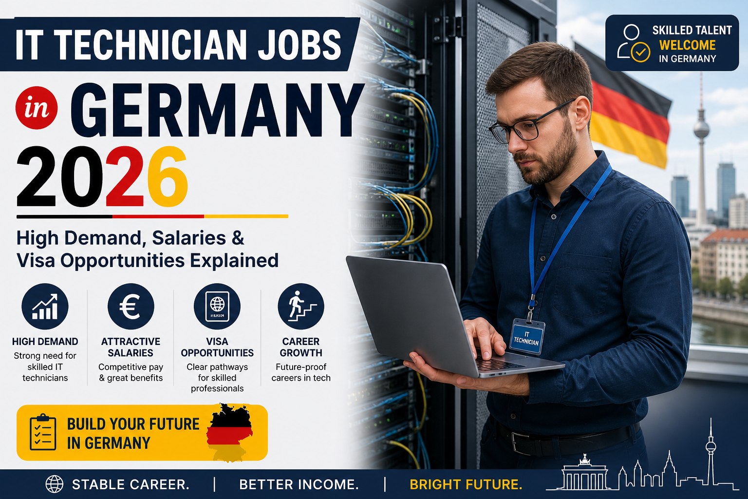 IT technician working in a modern German data center handling servers and network systems representing IT technician jobs in Germany 2026 with high demand, salaries, and visa opportunities
