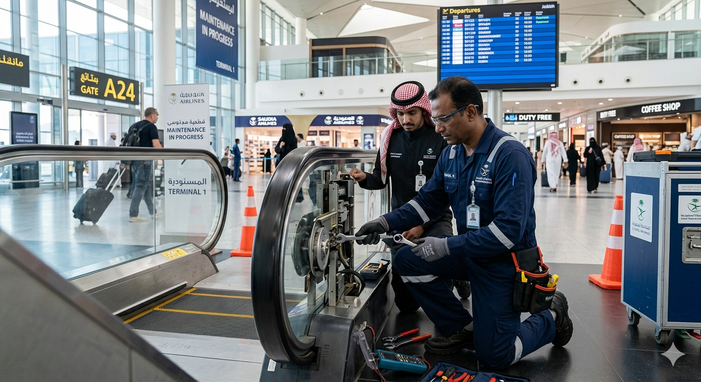 Foreign technicians and maintenance workers in Saudi Arabia travel sector inspecting airport equipment and performing repair tasks in a modern transport facility.