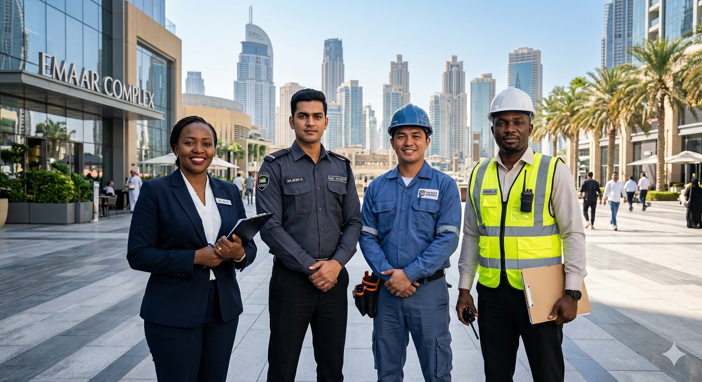 Foreign workers in UAE security and facility services jobs wearing professional uniforms at a modern commercial building.