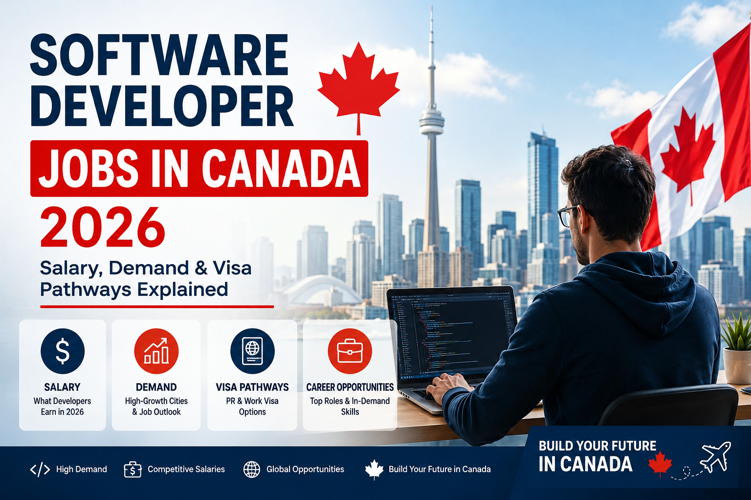 Software developer working on laptop in modern office representing software developer jobs in Canada 2026, highlighting salary, demand, and visa pathways