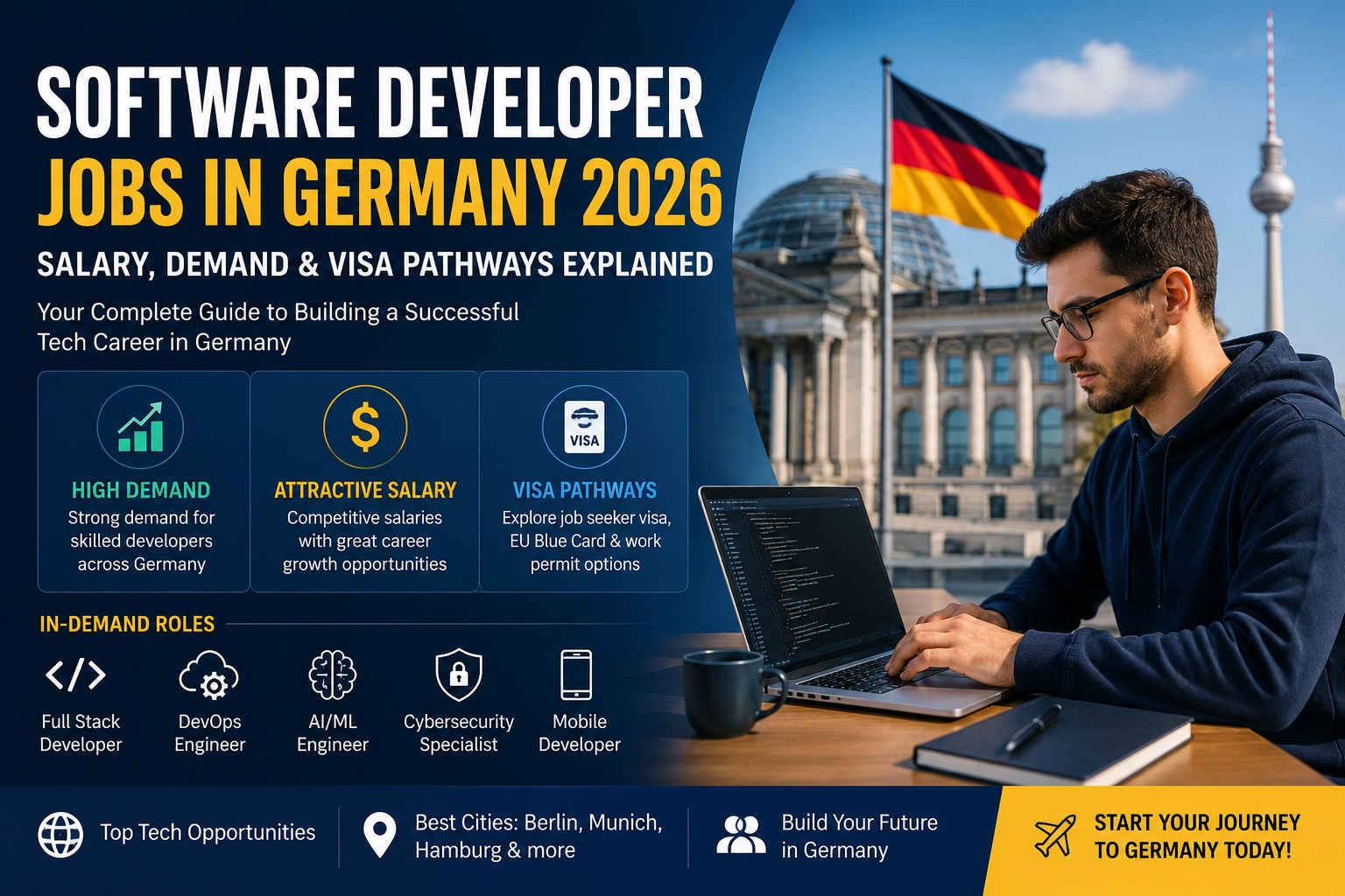 Software developer coding in a modern tech office representing software developer jobs in Germany 2026, focusing on salary, demand, and visa pathways for international workers