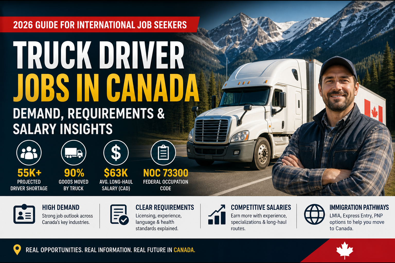 Truck driver jobs in Canada 2026 infographic showing demand, salary insights, requirements, and immigration pathways for foreign workers.