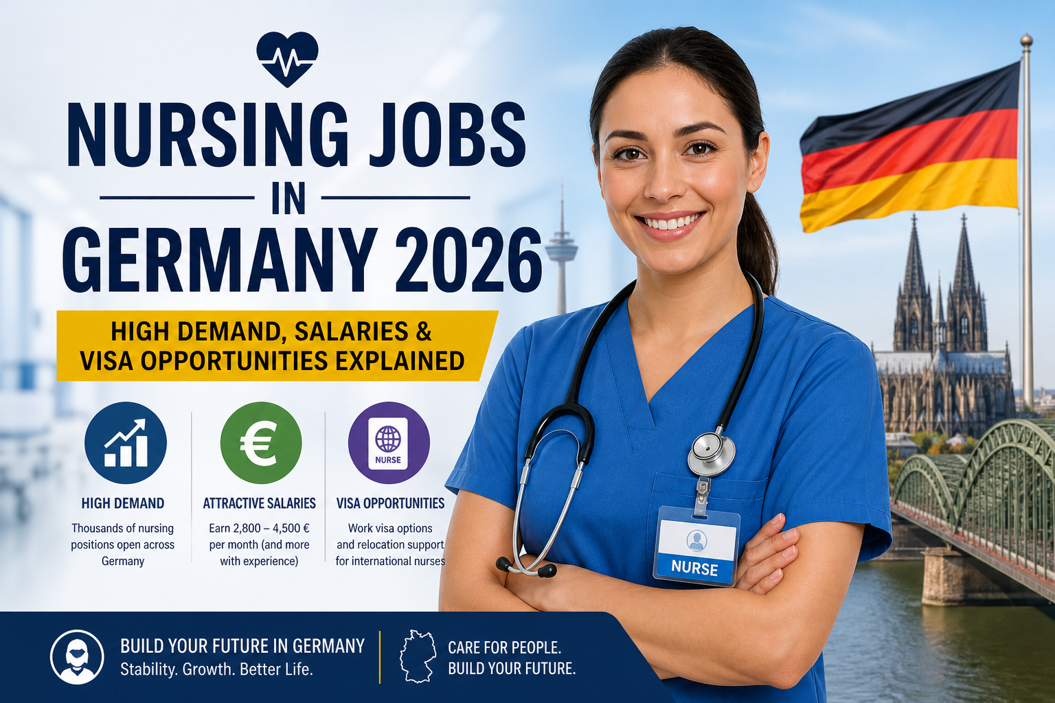 Professional nurse in Germany with medical uniform and stethoscope, highlighting nursing jobs in Germany 2026, high demand, salaries, and visa opportunities for international applicants.